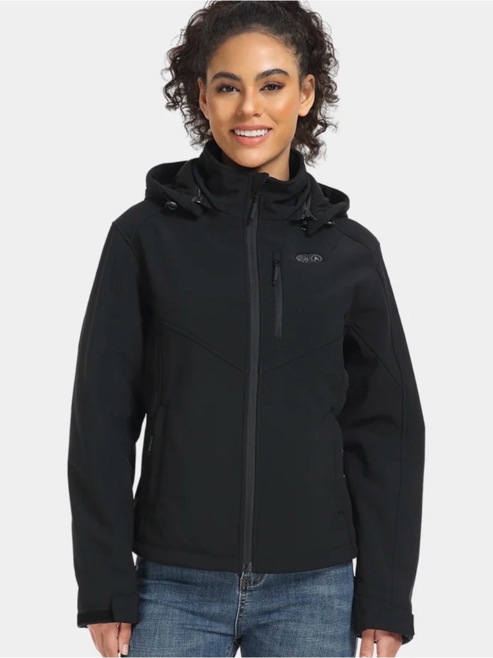 Women's Ororo Black Hooded Softshell Heated Utility Jacket. Small